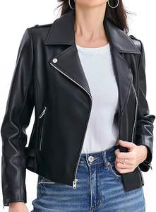 Vestes pour femmes en cuir véritable noir Veste de motard de haute qualité Vente en gros Logo personnalisé OEM Couleurs Fermeture à glissière - Product Image 3