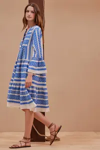 ชุดเดรสผ้าทอสำหรับผู้หญิงชุดเดรสมิดิแขนยาวทรงระฆังเหมาะสำหรับใส่ในฤดูร้อนเป็นเวลานานและในยามเย็นชายฝั่งที่อบอุ่น - Product Image 3