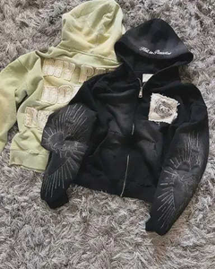 Diseño Premium personalizado Zip up Hoodie 100% algodón Heavyweight hombres sudaderas con capucha parche desgastado bordado doble capucha Sudadera con capucha - Product Image 2