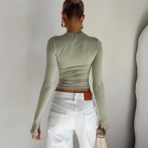 Autumn Fashion Polyester Spandex Crew Neck <b>Long</b> Sleeves Blank Tshirts Women Slim Fit Crop Top T-shirt - Product Image 3