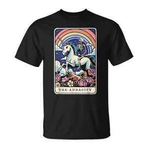 T-shirt Promozionale Sarcastica con Carta dei Tarocchi 'Audacity Skeleton Riding Unicorn' - Product Image 1
