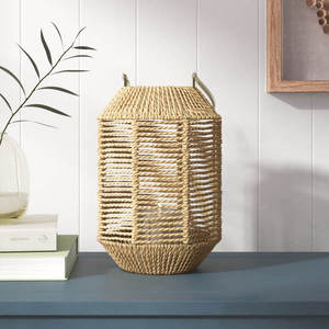 Nya Bohemian Gray Faux Rattan <b>Lantern</b>, Indoor <b>Outdoor</b> <b>Candle</b> Holder Decorative Light for Home and Patio - Product Image 5