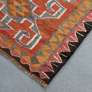 Vintage 3.5x10.4 ft Rug, Turkish <b>Runner</b> Rug, <b>Red</b> Check Rug - Product Image 4