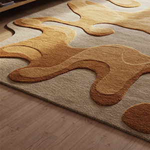 Tapis Moderne Artisanal en Laine Biologique Beige et Ambre, Tapis Artistique Personnalisé pour Salon, Design Abstrait Lavable, Provenance d'Inde - Product Image 3