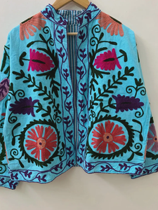 Blue Bohemian Floral Embroidered Jacket 100% Cotton Suzani Overcoat Short <b>Velvet</b> Jacket with Flower Printed Gift for Her - Product Image 2