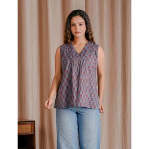 Chemise à manches courtes en coton Butti Mulmul gris foncé, imprimée au bloc, tissée et respirante - Product Image 1