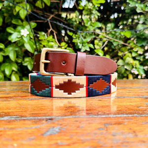 Ceinture en cuir de polo pour jeunes fabriquée à la main à moitié blanc rouge marine boucle en laiton massif qualité supérieure longueur personnalisée cuir - Product Image 1