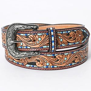 Cinturón de vaquero occidental de cuero de vaca 100% con trabajo de cuentas y diseño mecanizado a mano Fabricante superior para hombres y mujeres - Product Image 1
