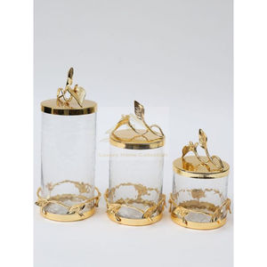 Recipiente para servir comida y aperitivos de cristal de nuevo diseño increíble, Juego de 3 con fondo de diseño de hoja hecho de aluminio de color dorado - Product Image 4