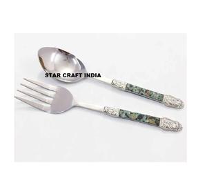 Eco Material Mango Wood Salad Server Set Manual Hand <b>Serving</b> <b>Spoon</b> and Fork Set Kitchenware Salad Tools Resin Handle Tableware - Product Image 3