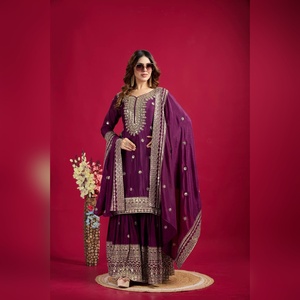 Prix de gros pour salwar kameez de style sharara, taille M XXL, en coton, artisanat à l'aiguille, ensemble de 3 pièces pour la fourniture de catalogues et le style boutique - Product Image 2