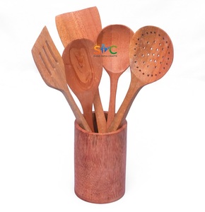 Juego de utensilios de cocina de madera de teca natural con soporte para cucharas, agarre cómodo, cucharas de cocina y soporte para utensilios - Product Image 1
