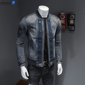 Chaqueta de mezclilla para hombre largo invierno Casual parche sin cuello bombardero piloto a prueba de viento - Product Image 6