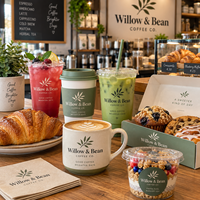 Ensemble d'emballages personnalisés pour café AT PACK avec gobelets en papier de 12 oz, gobelets en PET de 16 oz, sachets de café de 250 g et boîtes alimentaires