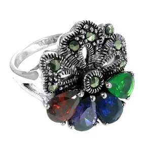 Bague de cocktail en argent 925 en forme de fleur Art Palace avec pavé de pierres naturelles, style bohème romantique, pour femme, bijou cadeau - Product Image 1