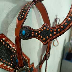 Custom Made Genuine Leather Western Hand Tooled Breast Collar With Hair on & <b>Stud</b> Wholesale Manufacturer Supplier Saman Exports - Product Image 4