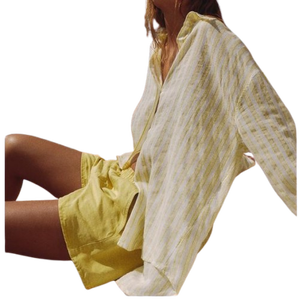 Camisa de rayas amarillas de moda para mujer con mangas largas y Parte delantera abotonada para ropa informal disponible a precios bajos - Product Image 1