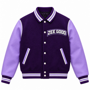 เสื้อแจ็คเก็ตวาร์ซิตี้สีม่วง Zee Good สำหรับผู้ชาย สไตล์ Preppy แขนเสื้อ PU ปักโลโก้ตัวอักษร ปกคอเสื้อพับได้ ติดกระดุมด้านหน้า เหมาะสำหรับใส่ในฤดูใบไม้ร่วง - Product Image 1
