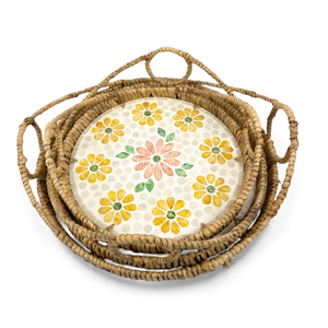 Plateau en rotin avec incrustation de nacre bohème, design flexible fait à la main, bord en jacinthe d'eau, décoration de table à domicile, service de nourriture - Product Image 5