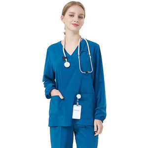 Women's Long Sleeve <b>Scrub</b> <b>Set</b> with V-Neck Elastic Cuff stretchy Fabric - Product Image 3