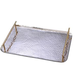 Venta directa de fábrica Base de mármol blanco Bandeja de servicio de madera con asas de metal Tamaños 16x11 pulgadas para ocasiones en el hogar y la comida - Product Image 3