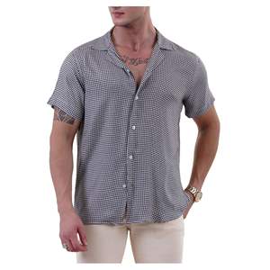 Black and <b>White</b> Houndstooth Plaid Viscose Hawaiian Relaxed Cut <b>Short</b> <b>Sleeve</b> Summer <b>Shirt</b> - Product Image 4