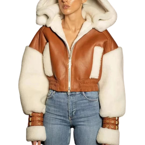 Faux <b>Fur</b> <b>Lined</b> Crop Bomber Jacket Short <b>Coat</b> With Hoodie 2025 - Product Image 4
