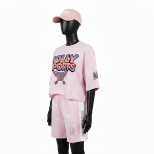 Conjunto de Camiseta y Pantalones Cortos de Algodón de Alta Calidad para Mujer, Transpirable, con Diseño de Panel Rosa Tie Dye, Logotipo Estampado en Caliente, 100% Algodón - Product Image 4