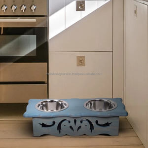 Bols surélevés en acier inoxydable en bois d'acacia lavé bleu Station d'alimentation et d'eau pour animaux de compagnie Mangeoire pour chiens et chats Bols et mangeoires surélevés - Product Image 2