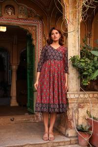 Nouveau Siena Anarkali robe pur coton main bloc imprimé marron noir Wrap avant bohème à la main éthique décontracté Occasion porter - Product Image 2