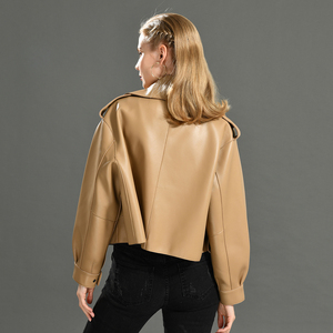 Hot Selling 2025 Leather Genuine Sheep Leather Biker Jacket Women Wholesale Italian Style Crop Trench Leather Coats - Product Image 3