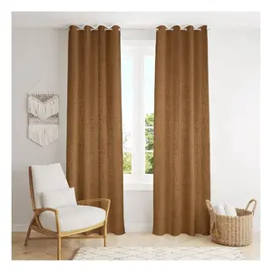 Wholesale Modern Plain Solid Mustard Linen Curtain For Small Window Embroidered Semi-shading Home Decoration Grommet Ring Blinds