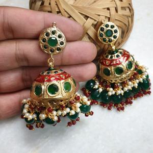 ต่างหูห้อยลูกปัดหินสีเขียว Jadau Jhumki เครื่องประดับอัลลอยด์ทางศาสนาทันสมัยชุบทองสำหรับงานปาร์ตี้ - Product Image 2