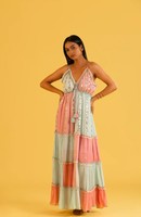 Glamours Chic Dazzling Mirror Work Bohemian Inspired Women Bling Party Maxi Dress Avec Smocked Back & Multi Tiered Playful Vibe
