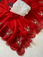 Sari en tissu georgette doux avec broderie, magnifique chemisier à motif floral avec perles et travail à la main Katdana, vêtements ethniques