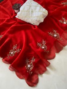 Saree en tissu Georgette doux avec broderie Magnifique chemisier à motif floral avec perles et Katdana Handwork Ethnic Wear - Product Image 4