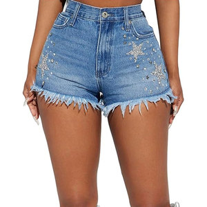 Shorts de Algodón 100% de Alta Calidad, Ecológicos, Lavados, Desgastados por el Sol, con Pedrería Vintage y Doble Cintura para Mujer - Product Image 1