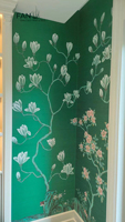 Zhenling Broderie faite à la main Magnolia élégant sur fond d'écran émeraude