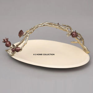 Luxury Oval Metal <b>Tray</b> With Pomegranate Design <b>Gold</b> Branch Handle Decorative <b>Tray</b> for Home and Dining Centerpiece - Product Image 1