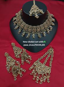 Conjunto de Collar y Pendientes de Novia Étnicos Chapados en Oro, Maang Tikka, Hechos a Mano, Modernos, para Boda, Compromiso, Aniversario, Fiesta - Product Image 2