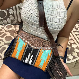 Women's Fashionable Saddle <b>Blanket</b> Fringe Crossbody Bag High Quality Hand Tooled Genuine Leather Shoulder Bag Aztec Wool Handbag - Product Image 2
