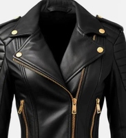 Veste en cuir d'agneau véritable pour femme, style motard, épaules matelassées, fermeture éclair dorée, boucles et boutons, personnalisation disponible