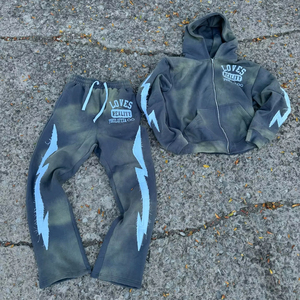 Femmes de haute qualité lavage à l'acide Vintage Streetwear à capuche survêtement évasé pantalons de survêtement ensemble personnalisé brodé fermeture éclair vers le haut survêtements - Product Image 1