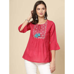 Haut décontracté en coton respirant pour femme avec broderie ethnique, col à nouer et manches cloche, design froncé - Product Image 3