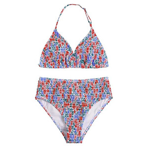 Ensemble de bikini smocké imprimé pour femme, haut triangle dos nu, bas taille haute extensible, maillot de bain deux pièces, tenue de plage florale OEM - Product Image 1
