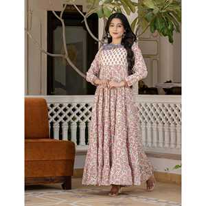 Vestido Anarkali de Algodón Blanco con Estampado de Bloques, Estilo Boho Elegante, Transpirable y de Talla Única para Invitadas de Boda, Suministro ODM - Product Image 4