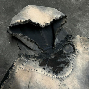 Ropa informal rasgada de gran tamaño de peso pesado para hombre, Sudadera con capucha transpirable estampada con cremallera y lavado ácido Vintage - Product Image 3