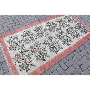 Vintage Turkish Rug, 3.8x7.2 ft Area Rug, <b>Red</b> White Patchwork <b>Wool</b> Rug - Product Image 2