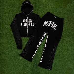 Streetwear Manufacturer Double Waisted Women's <b>Baggy</b> Stacked <b>Pants</b> Sweat Suit Custom Rhinestone Flare Sweatpants and Hoodie Sets - Product Image 1