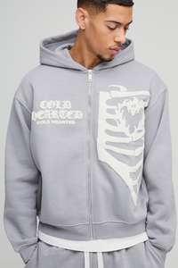 Custom Oversized Boxy <b>Skeleton</b> Puff Print Zip Through Hooded Tracksuit Set Hoodie Sweatpants Jogger Cargo Pant Contrast Stitch - Product Image 2